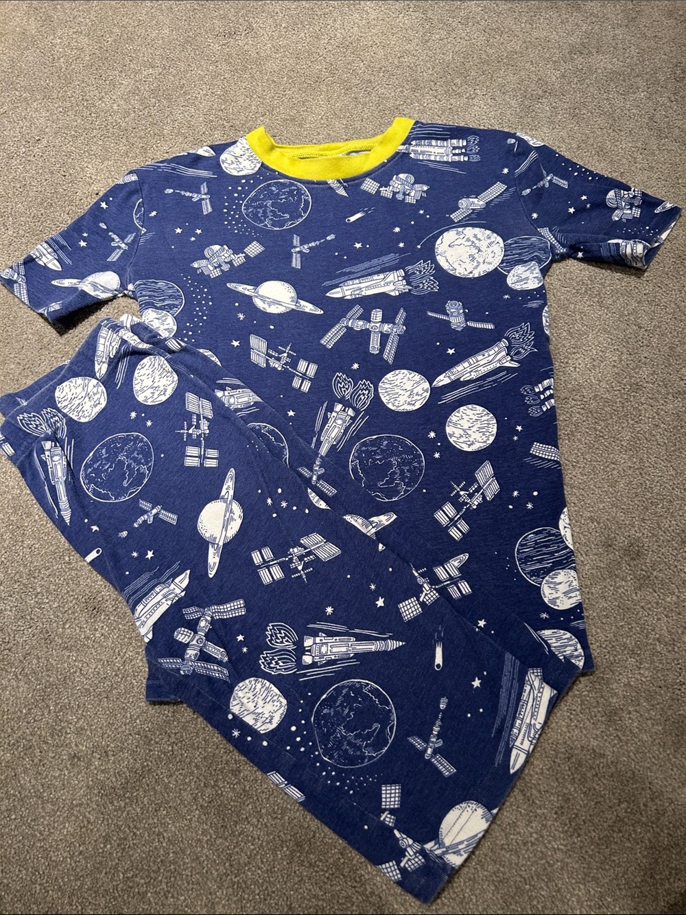 Mini Boden Navy Space-Print Short Sleeve Pajama Top with Yellow Trim